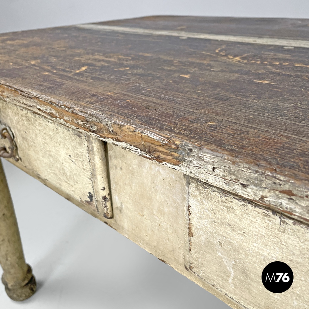 Italian antique white painted wooden dining table with two drawers, late 1800s