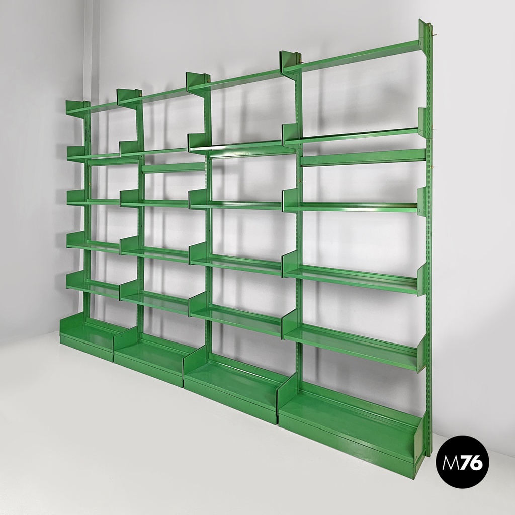 Italian modern green metal bookcase four modules and adjustable shelves, 1970s