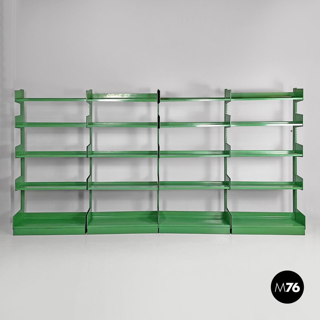 Italian modern green metal bookcase four modules and adjustable shelves, 1970s