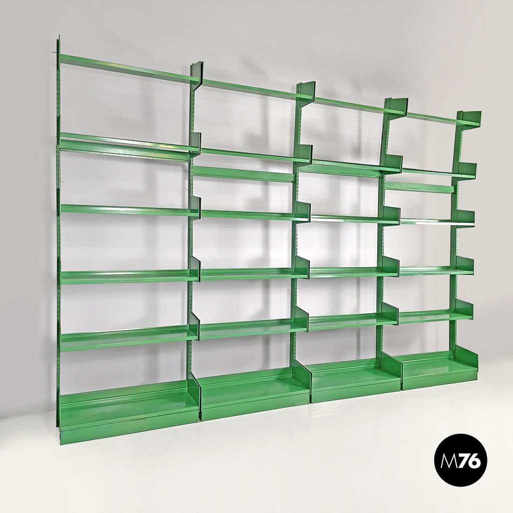 Italian modern green metal bookcase four modules and adjustable shelves, 1970s