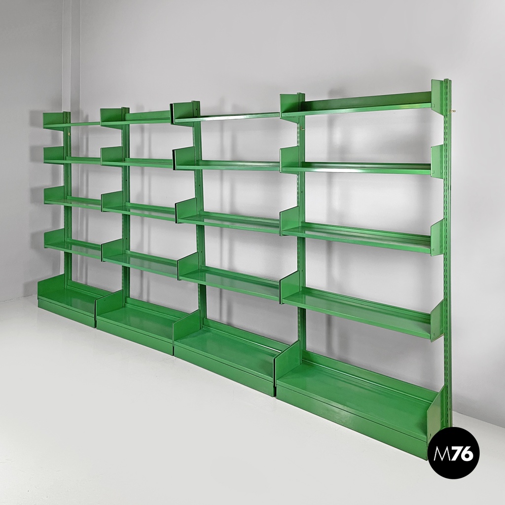 Italian modern green metal bookcase four modules and adjustable shelves, 1970s