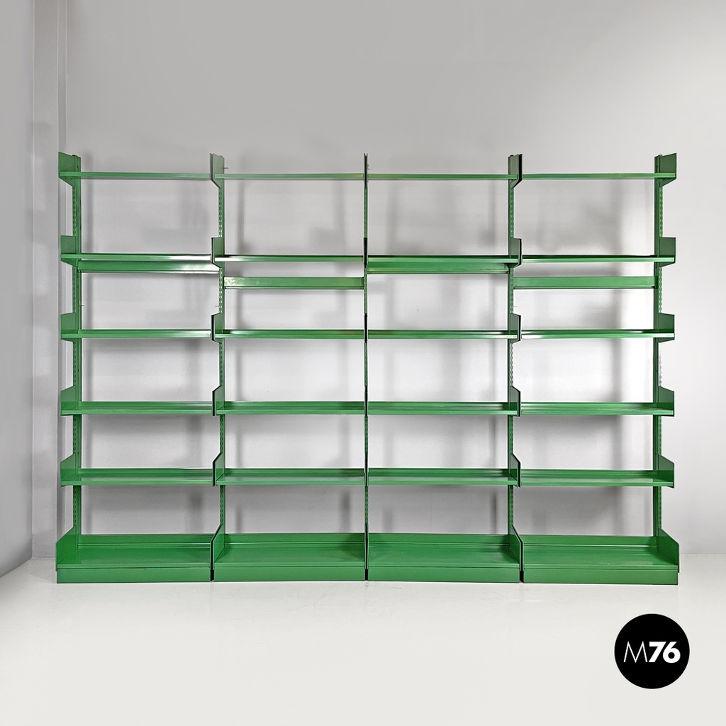 Italian modern green metal bookcase four modules and adjustable shelves, 1970s