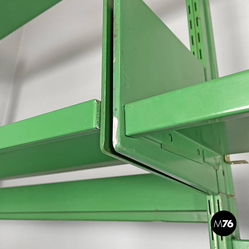 Italian modern green metal bookcase four modules and adjustable shelves, 1970s