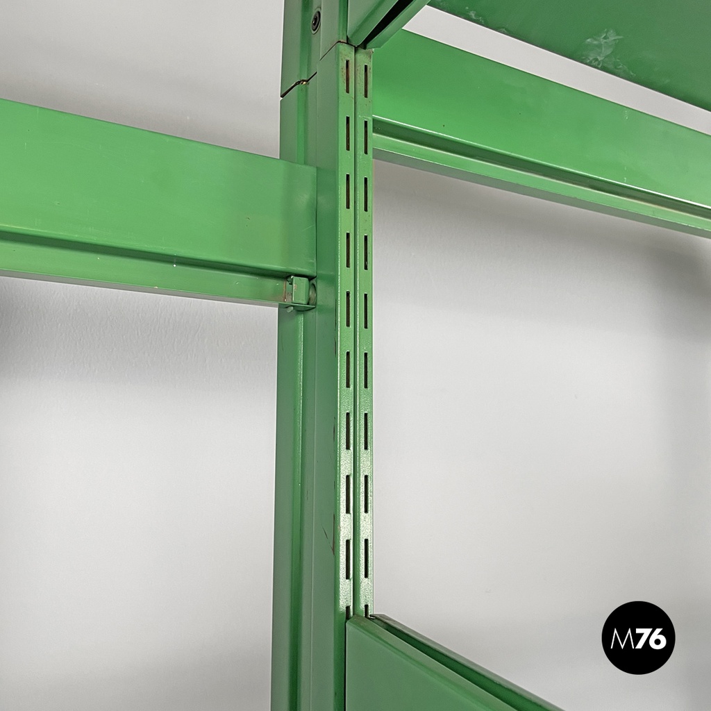 Italian modern green metal bookcase four modules and adjustable shelves, 1970s