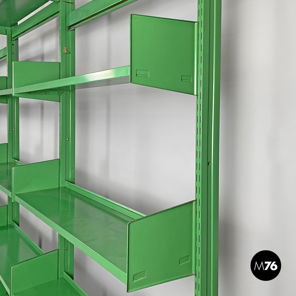 Italian modern green metal bookcase four modules and adjustable shelves, 1970s