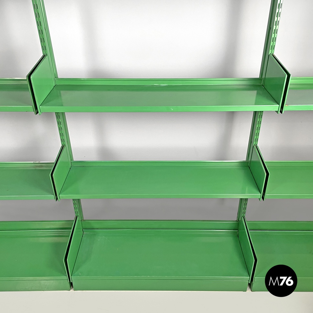 Italian modern green metal bookcase four modules and adjustable shelves, 1970s