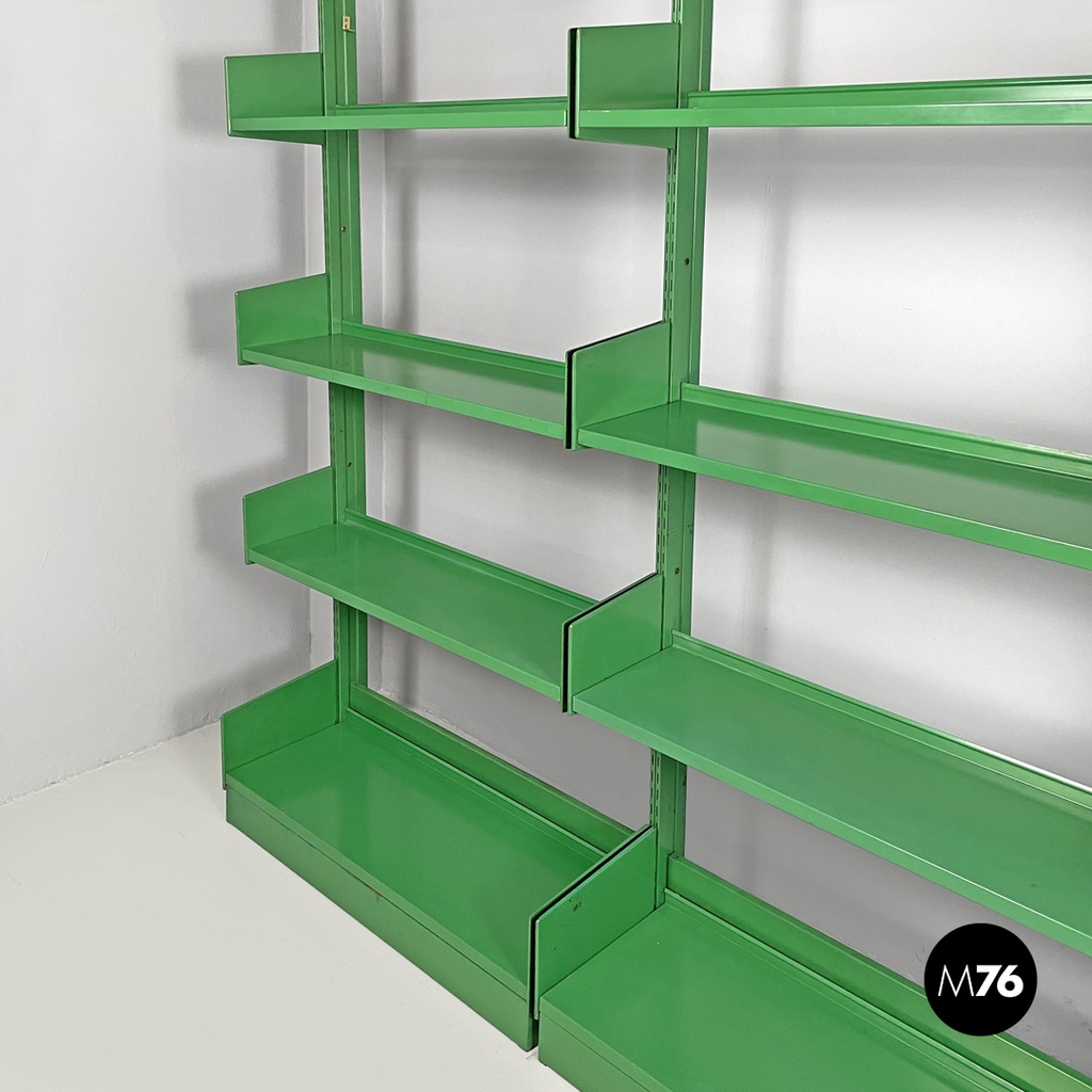 Italian modern green metal bookcase four modules and adjustable shelves, 1970s