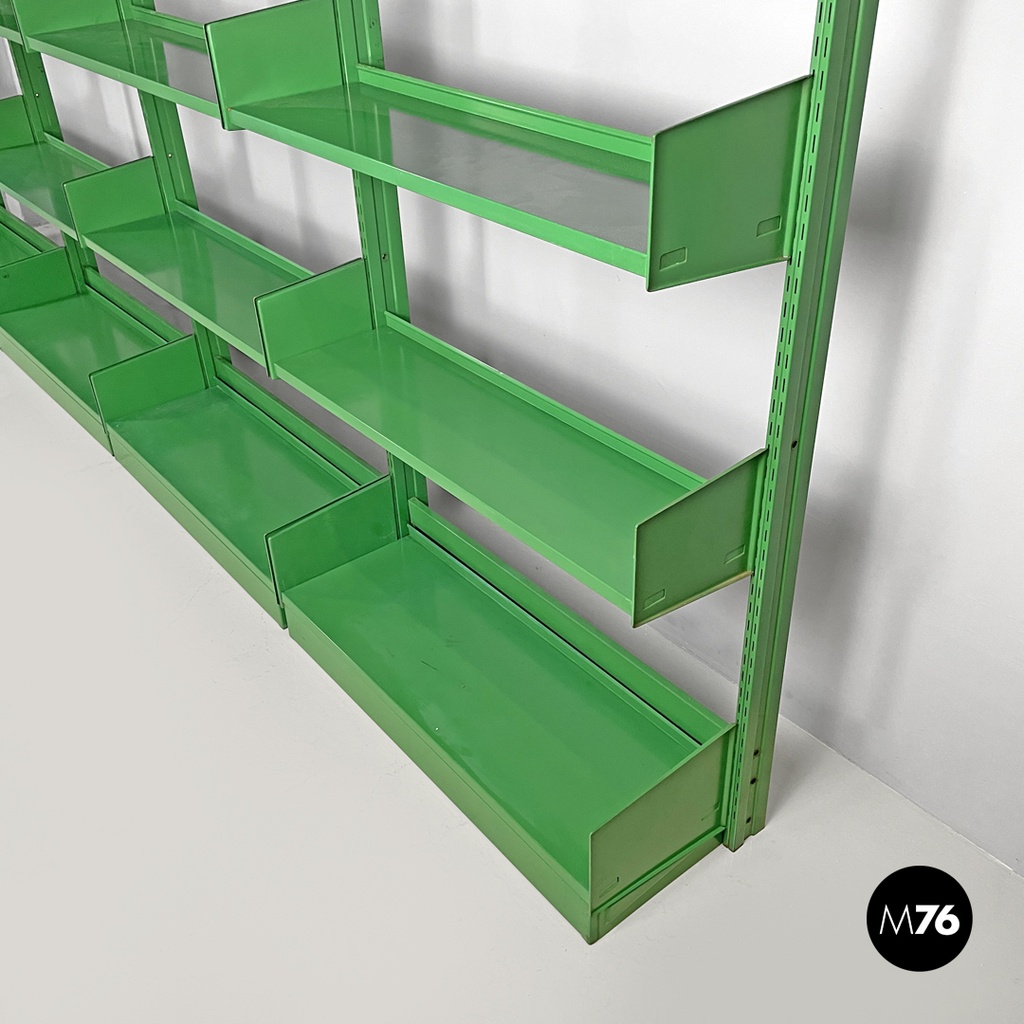 Italian modern green metal bookcase four modules and adjustable shelves, 1970s