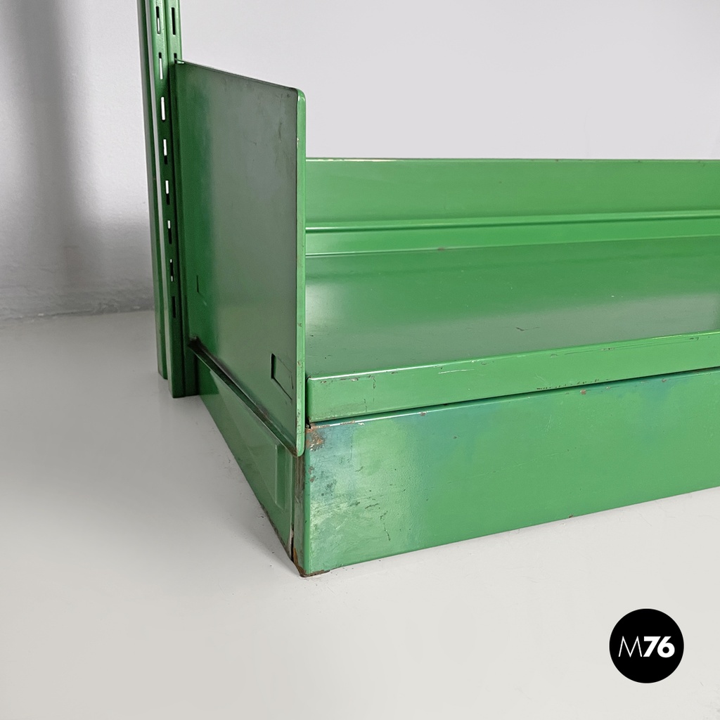 Italian modern green metal bookcase four modules and adjustable shelves, 1970s