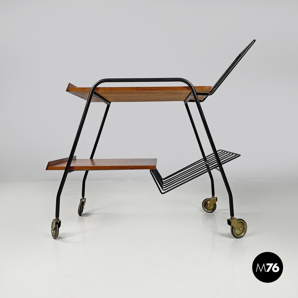 Italian mid-century modern wood and black metal trolley with brass wheels, 1960s