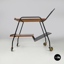 Italian mid-century modern wood and black metal trolley with brass wheels, 1960s