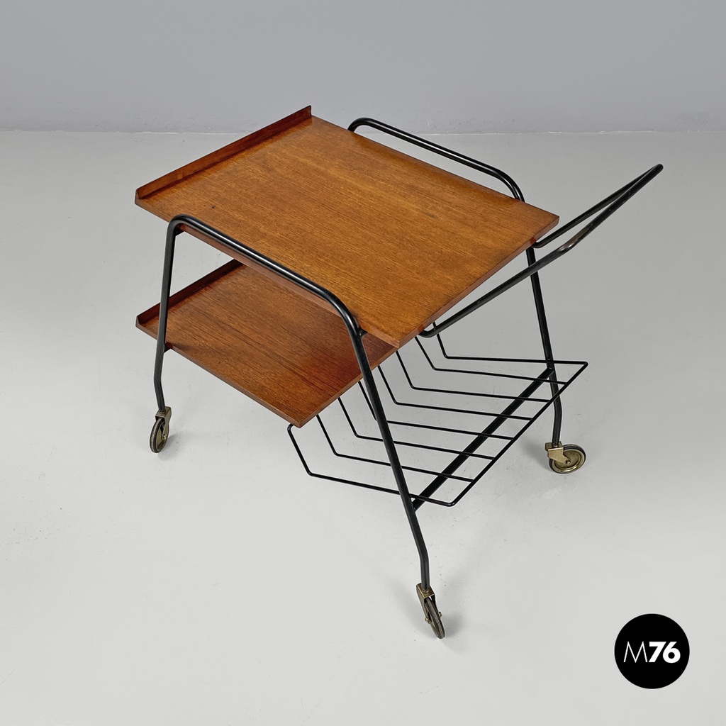 Italian mid-century modern wood and black metal trolley with brass wheels, 1960s