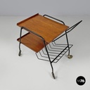 Italian mid-century modern wood and black metal trolley with brass wheels, 1960s