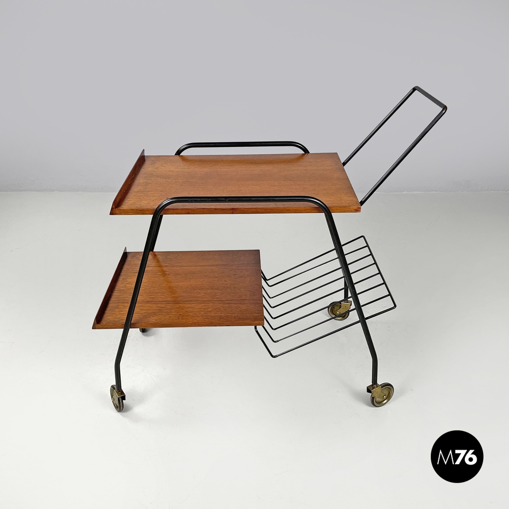 Italian mid-century modern wood and black metal trolley with brass wheels, 1960s