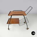 Italian mid-century modern wood and black metal trolley with brass wheels, 1960s