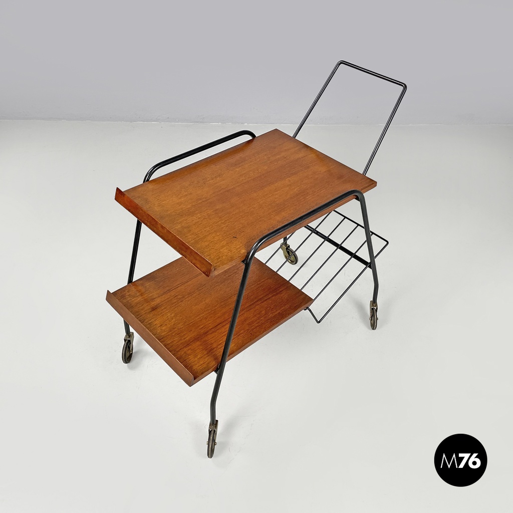 Italian mid-century modern wood and black metal trolley with brass wheels, 1960s