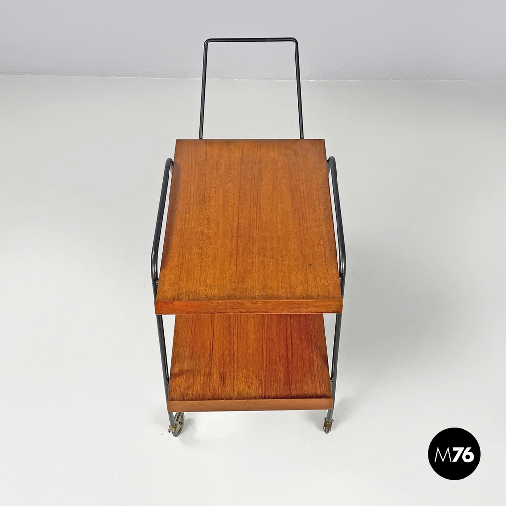 Italian mid-century modern wood and black metal trolley with brass wheels, 1960s