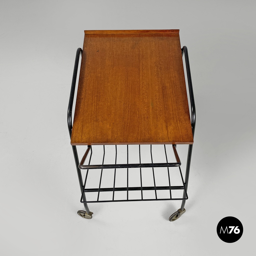 Italian mid-century modern wood and black metal trolley with brass wheels, 1960s
