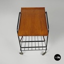 Italian mid-century modern wood and black metal trolley with brass wheels, 1960s