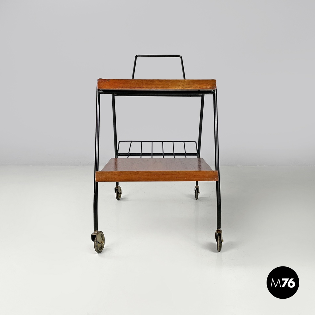 Italian mid-century modern wood and black metal trolley with brass wheels, 1960s