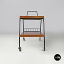 Italian mid-century modern wood and black metal trolley with brass wheels, 1960s