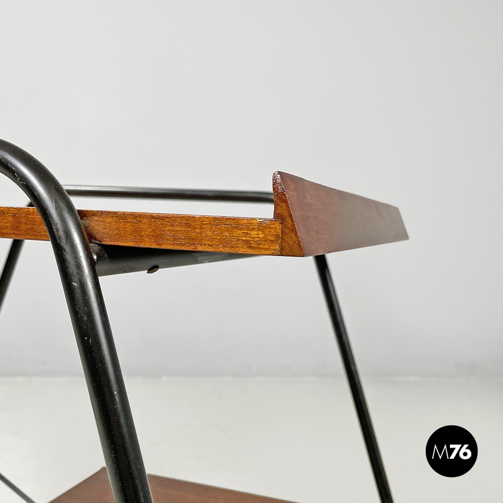 Italian mid-century modern wood and black metal trolley with brass wheels, 1960s