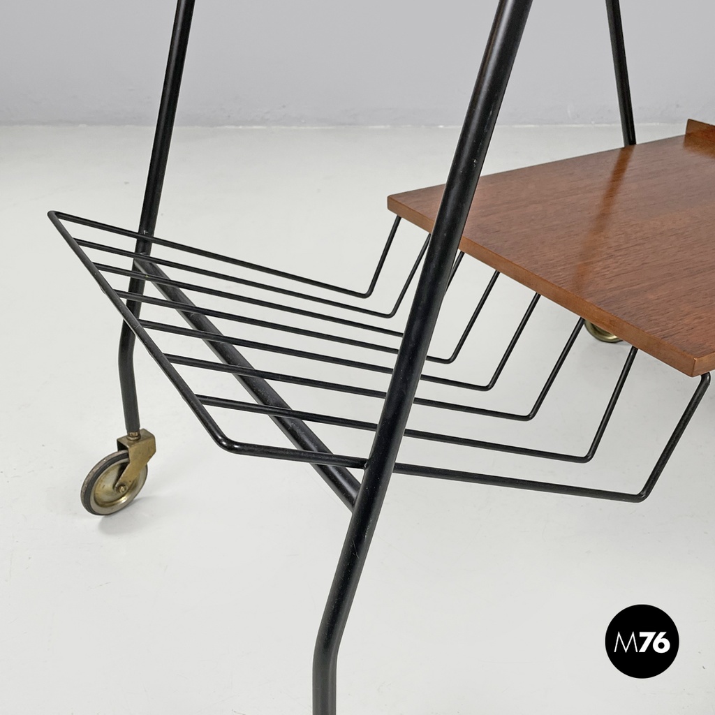 Italian mid-century modern wood and black metal trolley with brass wheels, 1960s