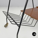 Italian mid-century modern wood and black metal trolley with brass wheels, 1960s