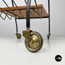 Italian mid-century modern wood and black metal trolley with brass wheels, 1960s