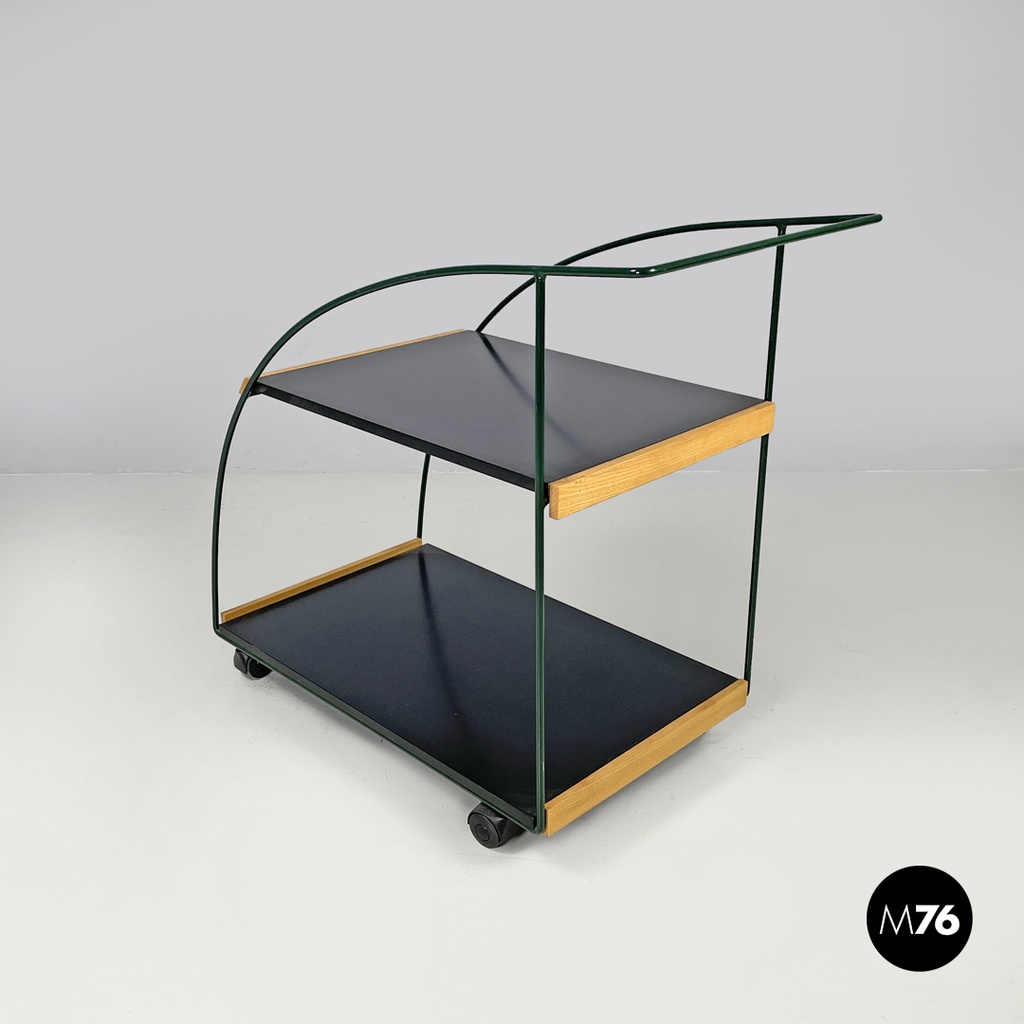 Italian post-modern cart black laminate shelves and green metal structure 1980s