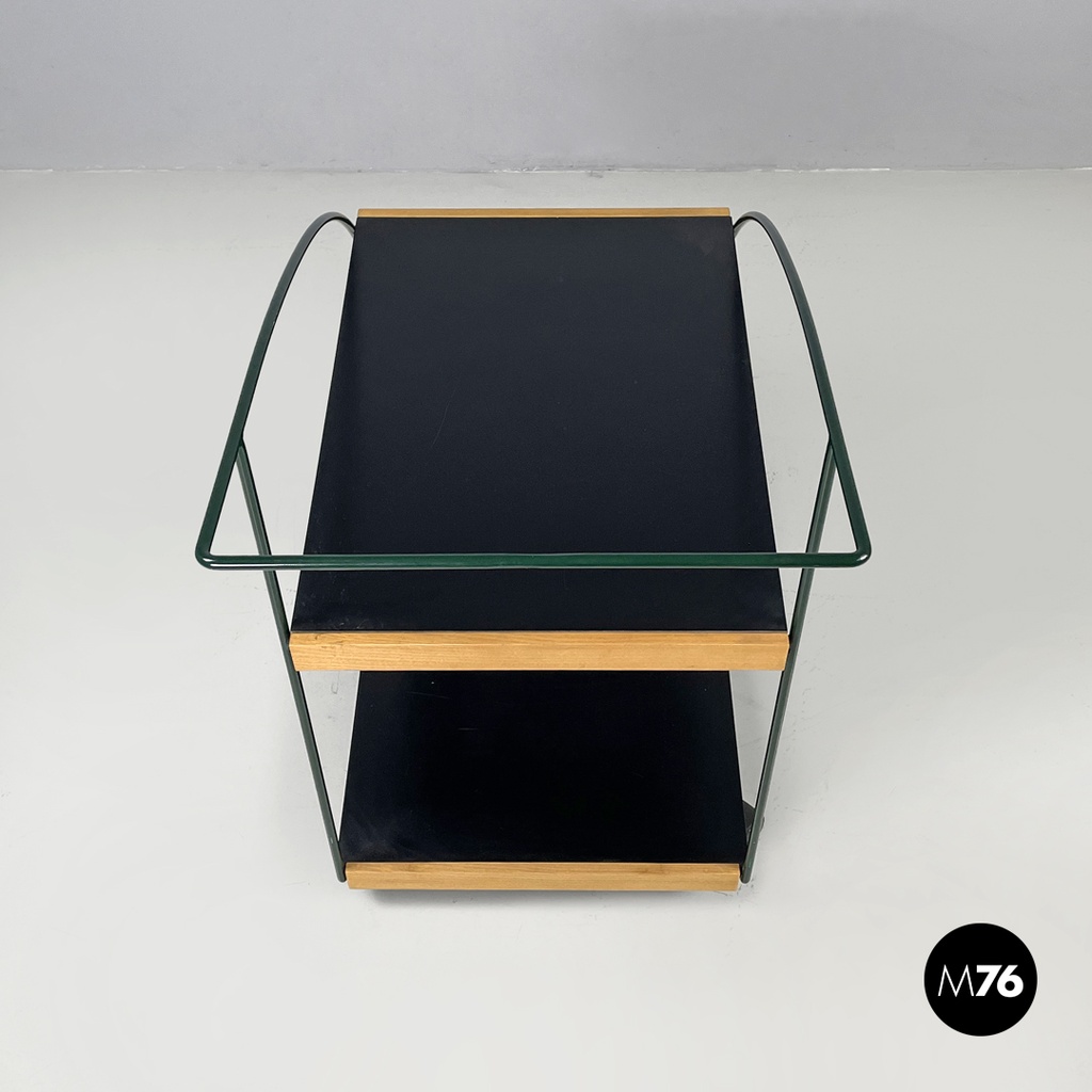 Italian post-modern cart black laminate shelves and green metal structure 1980s