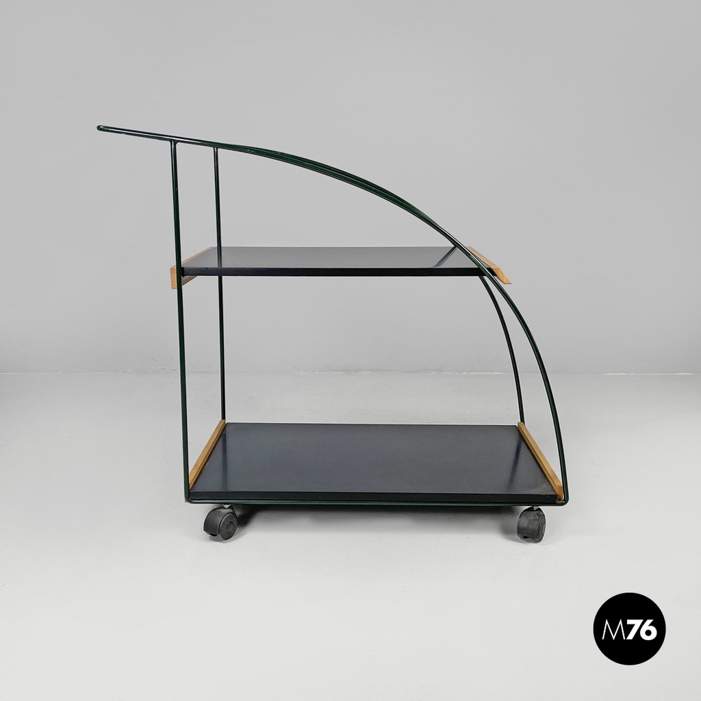 Italian post-modern cart black laminate shelves and green metal structure 1980s