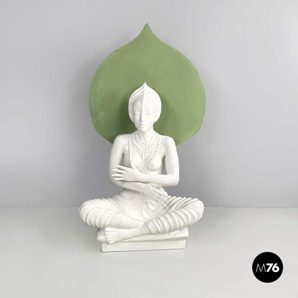 French modern white ceramic floor lamp with green leaf by Roche Bobois, 1980s 