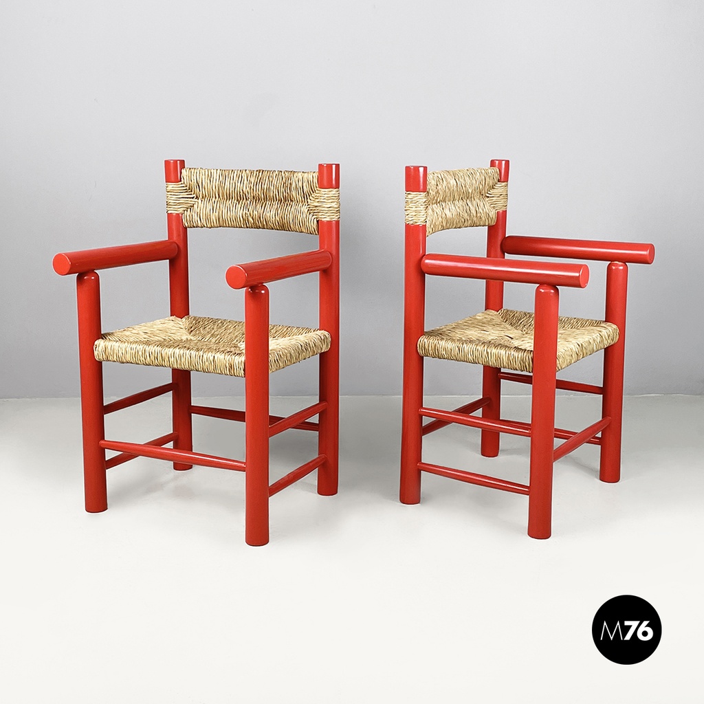 Italian mid-century modern chairs with armrests in red wood and straw, 1970s