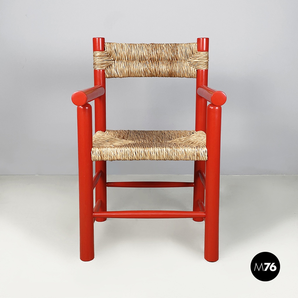 Italian mid-century modern chairs with armrests in red wood and straw, 1970s