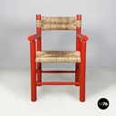 Italian mid-century modern chairs with armrests in red wood and straw, 1970s