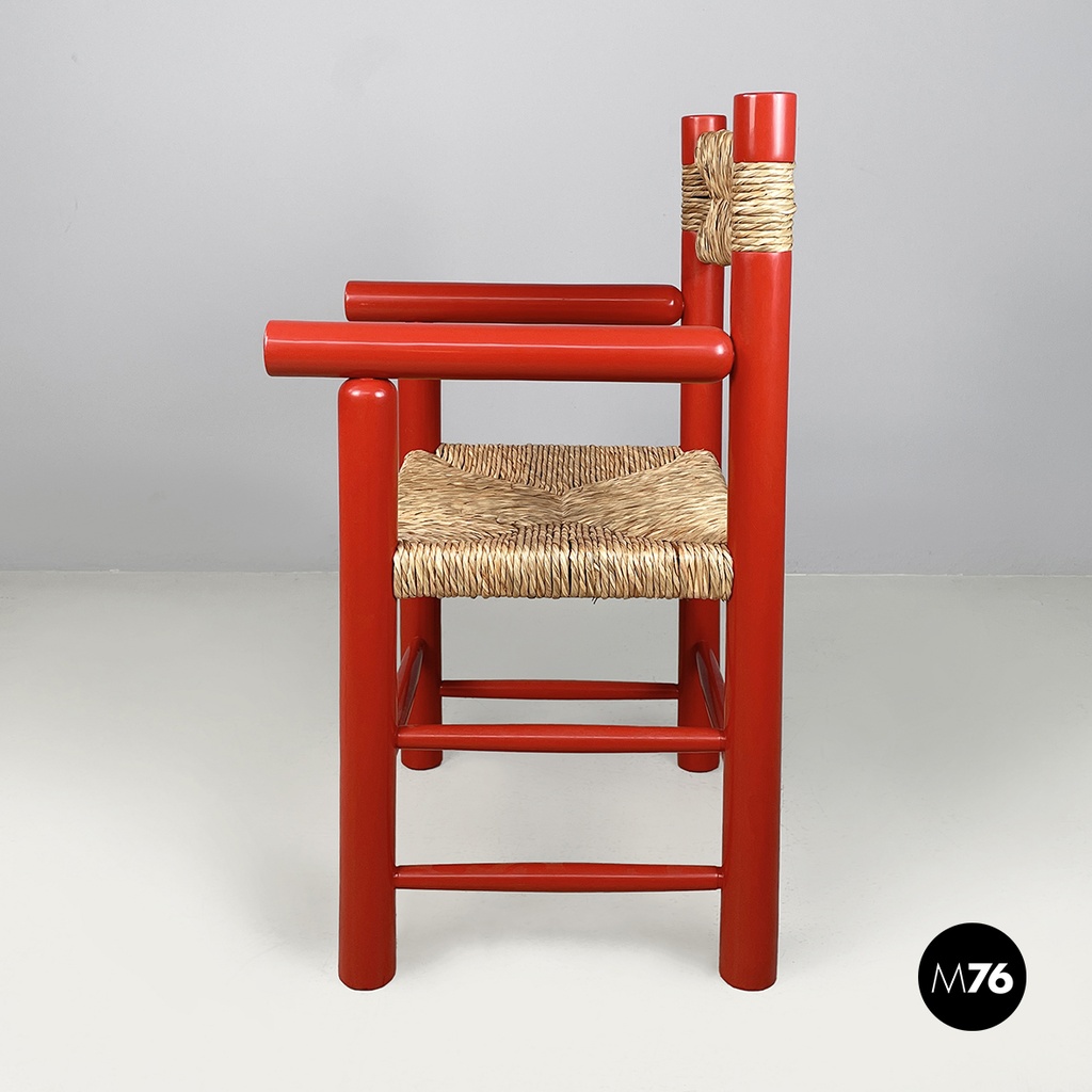 Italian mid-century modern chairs with armrests in red wood and straw, 1970s