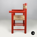 Italian mid-century modern chairs with armrests in red wood and straw, 1970s