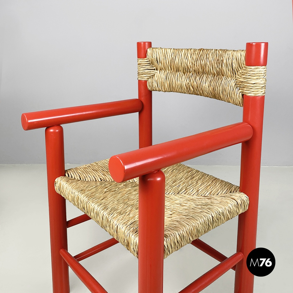 Italian mid-century modern chairs with armrests in red wood and straw, 1970s