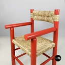 Italian mid-century modern chairs with armrests in red wood and straw, 1970s