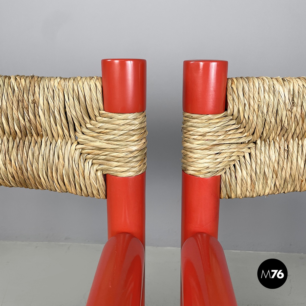 Italian mid-century modern chairs with armrests in red wood and straw, 1970s