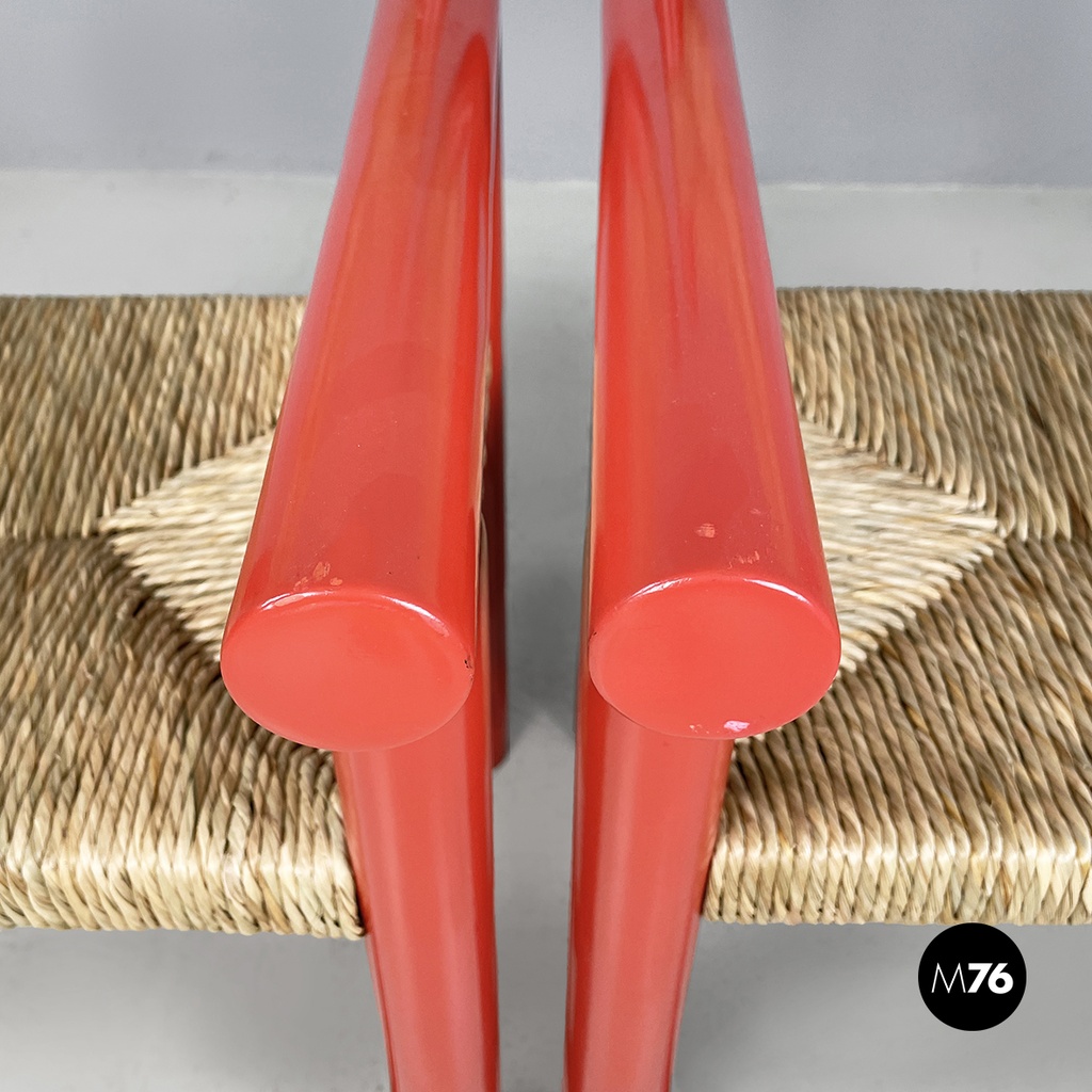 Italian mid-century modern chairs with armrests in red wood and straw, 1970s