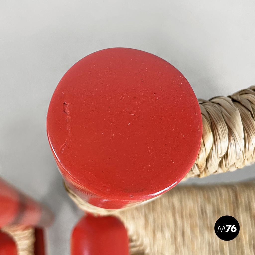Italian mid-century modern chairs with armrests in red wood and straw, 1970s