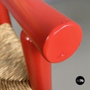 Italian mid-century modern chairs with armrests in red wood and straw, 1970s