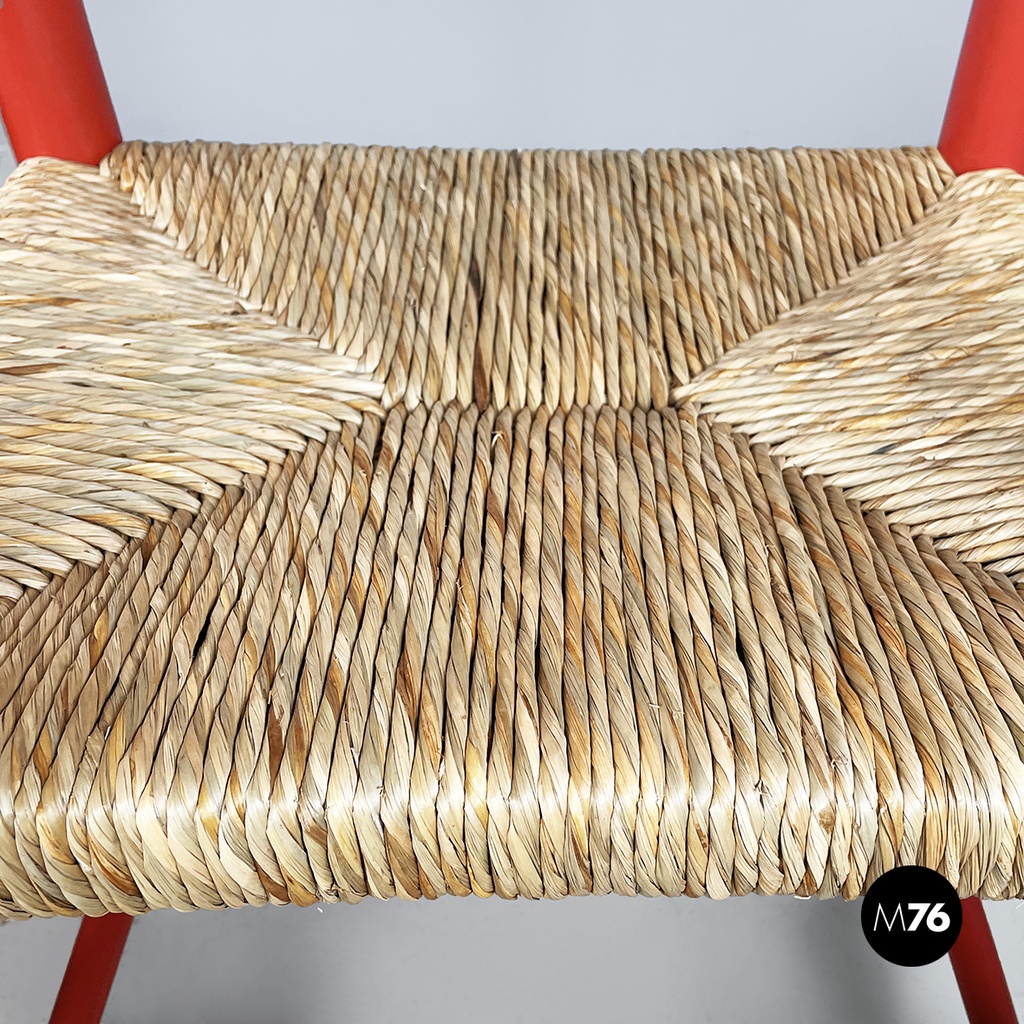Italian mid-century modern chairs with armrests in red wood and straw, 1970s