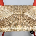 Italian mid-century modern chairs with armrests in red wood and straw, 1970s