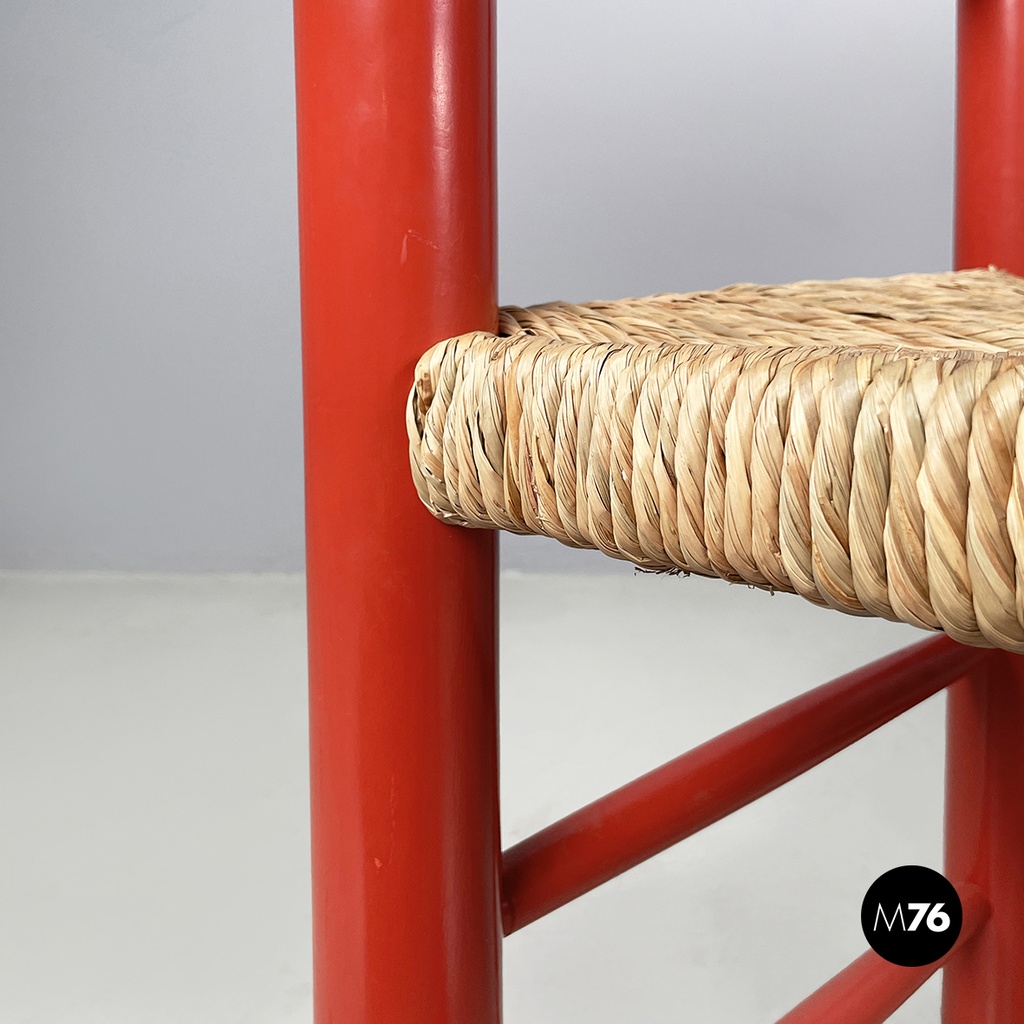 Italian mid-century modern chairs with armrests in red wood and straw, 1970s