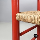 Italian mid-century modern chairs with armrests in red wood and straw, 1970s