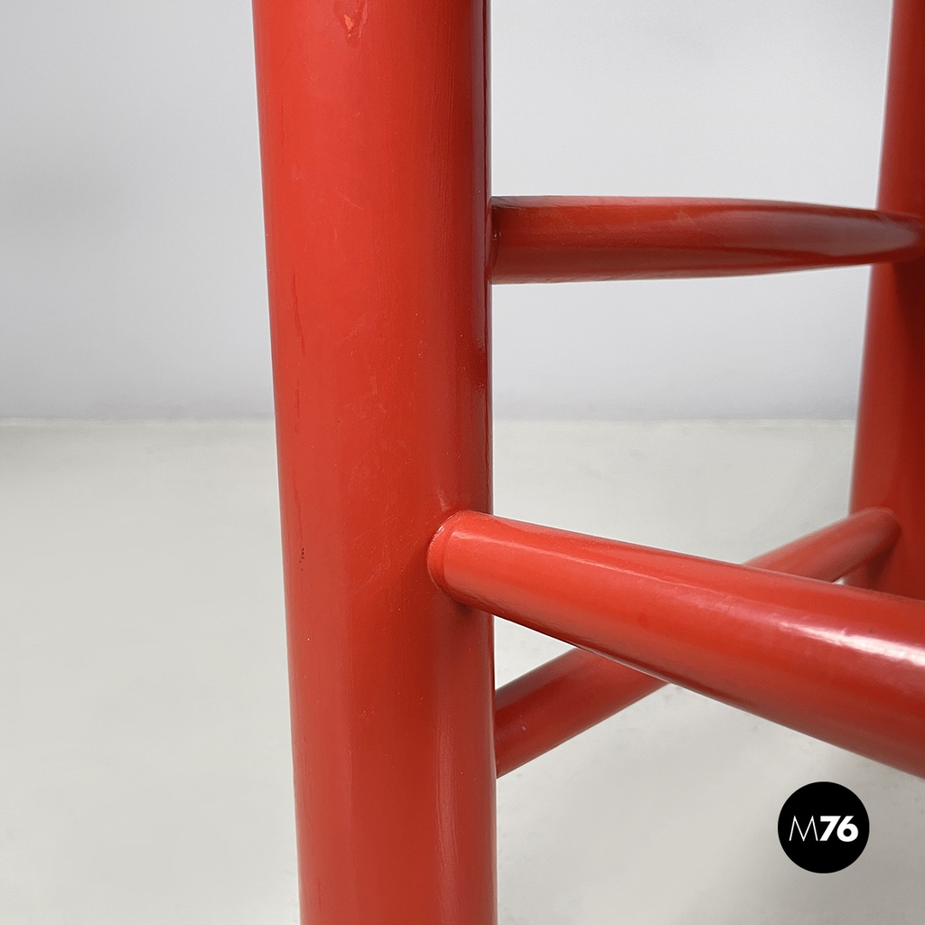 Italian mid-century modern chairs with armrests in red wood and straw, 1970s