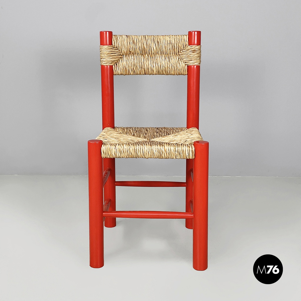 Italian mid-century modern chairs in red wood and straw, 1970s
